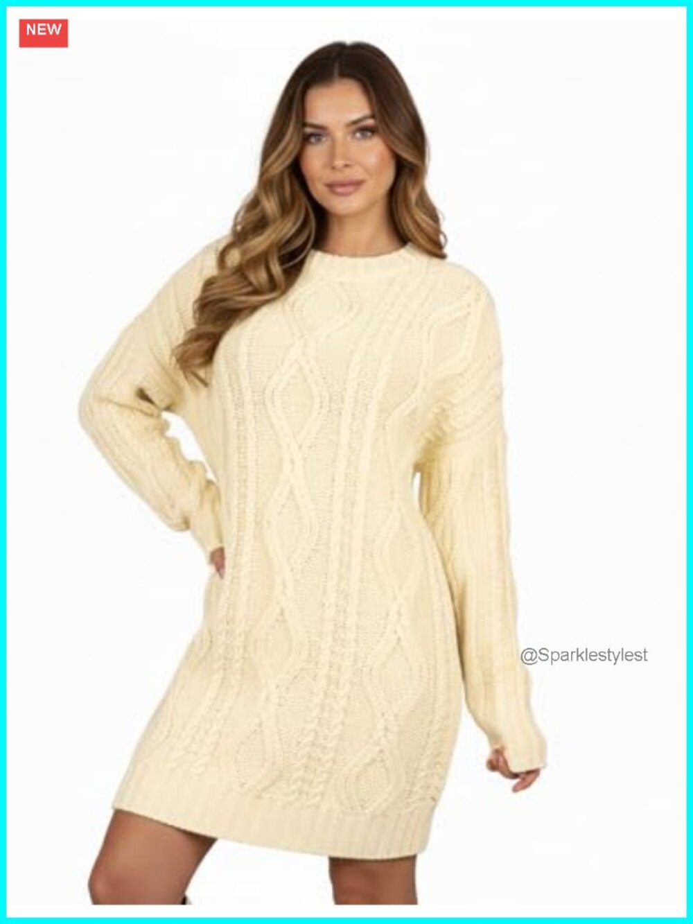 Oversized Cable Knit Sweater Dress Crew Neck Long Sleeve Tunic